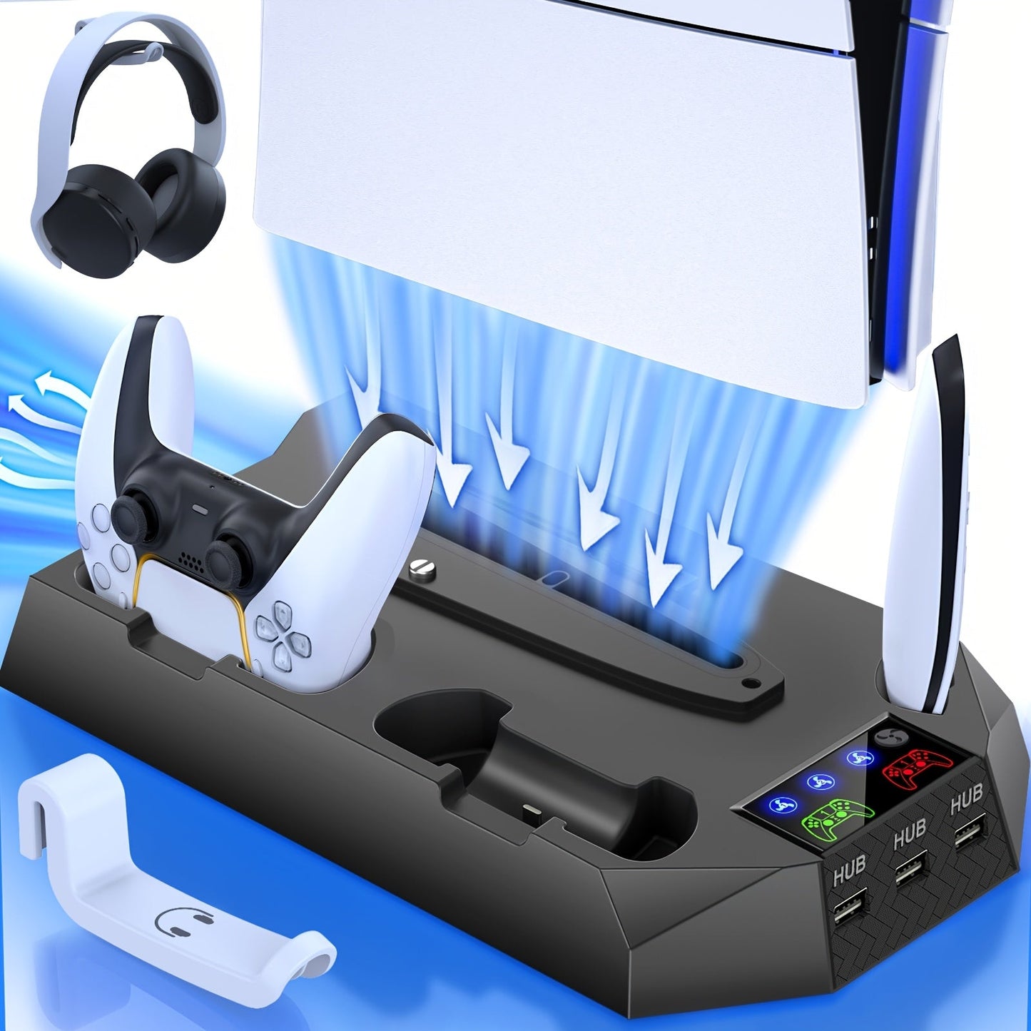 Five-in-One Console Stand Compatible with PS5 Models, Dual Controller Dock, Fan, USB Hub and Headset Holder