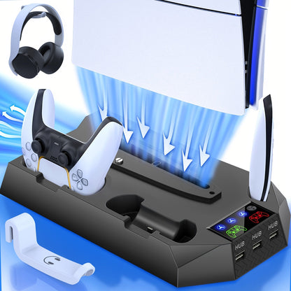 Five-in-One Console Stand Compatible with PS5 Models, Dual Controller Dock, Fan, USB Hub and Headset Holder