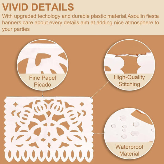 Party Decorations Five-Pack White Papel Picado Banner Set with Four Cutout Designs and 90ft Total Length