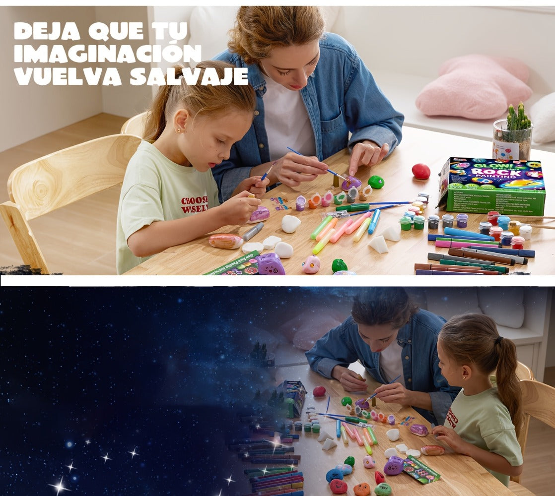 Rock Painting Kit for Kids Glow in the Dark – 10 Rocks Metallic & Glow Paints Gems Glitter Brushes Stickers All-in-One Craft Set for Boys Girls Ages 6+ Birthday Easter Christmas Gift