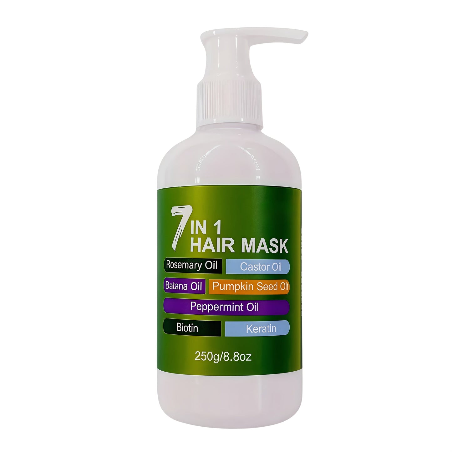 250g 7-in-1 Hair Mask in White Pump Bottle with Rosemary, Batana, Castor and Peppermint Oils