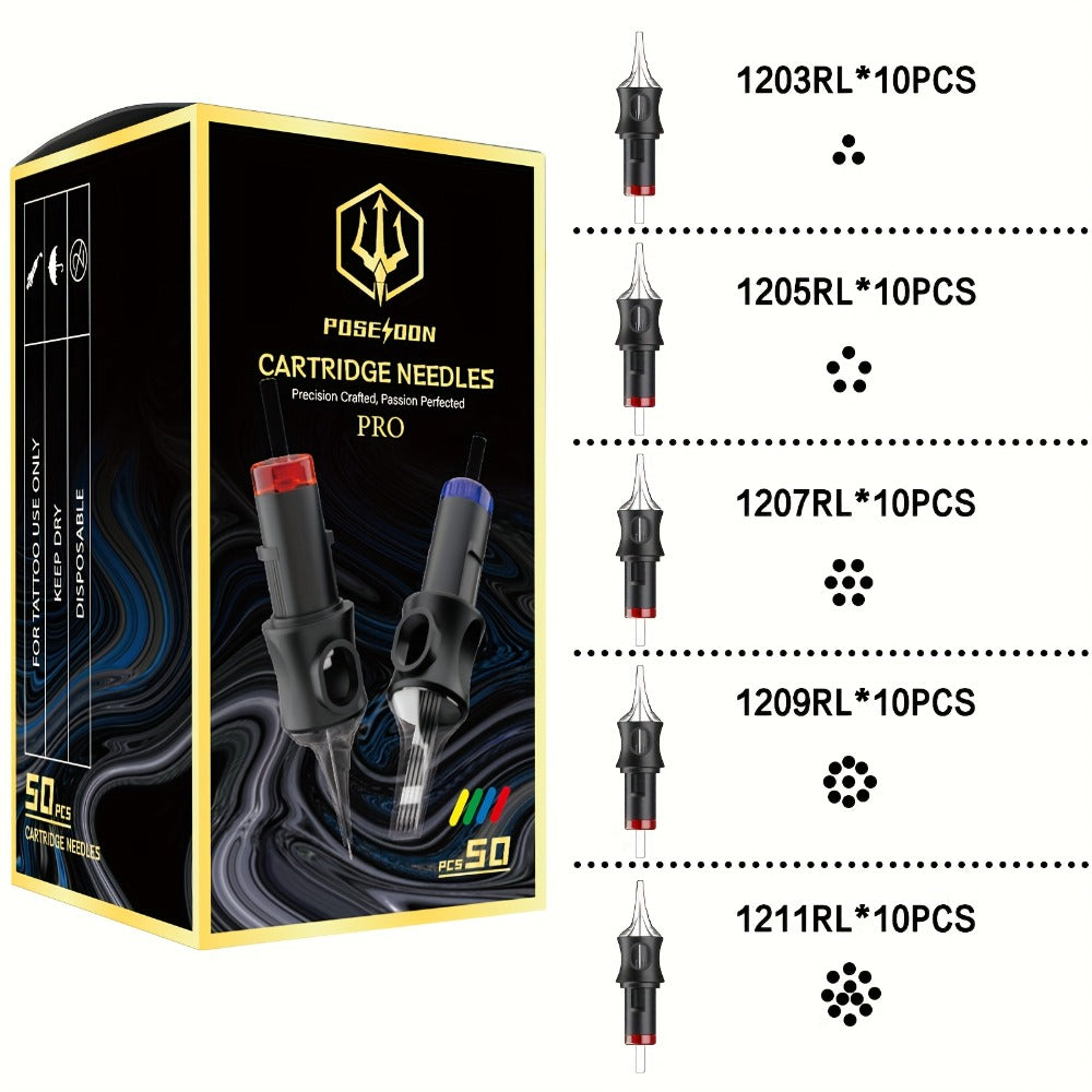 Tattoo Cartridge Needles 50pcs Mixed Size – POSEIDON V5 Disposable Round Liner, Shader & Curved Needles (5RL 7RL 9RL 5RS 7RS 9RS 7RM 7M1 15M1 15RM) with Safety Membrane