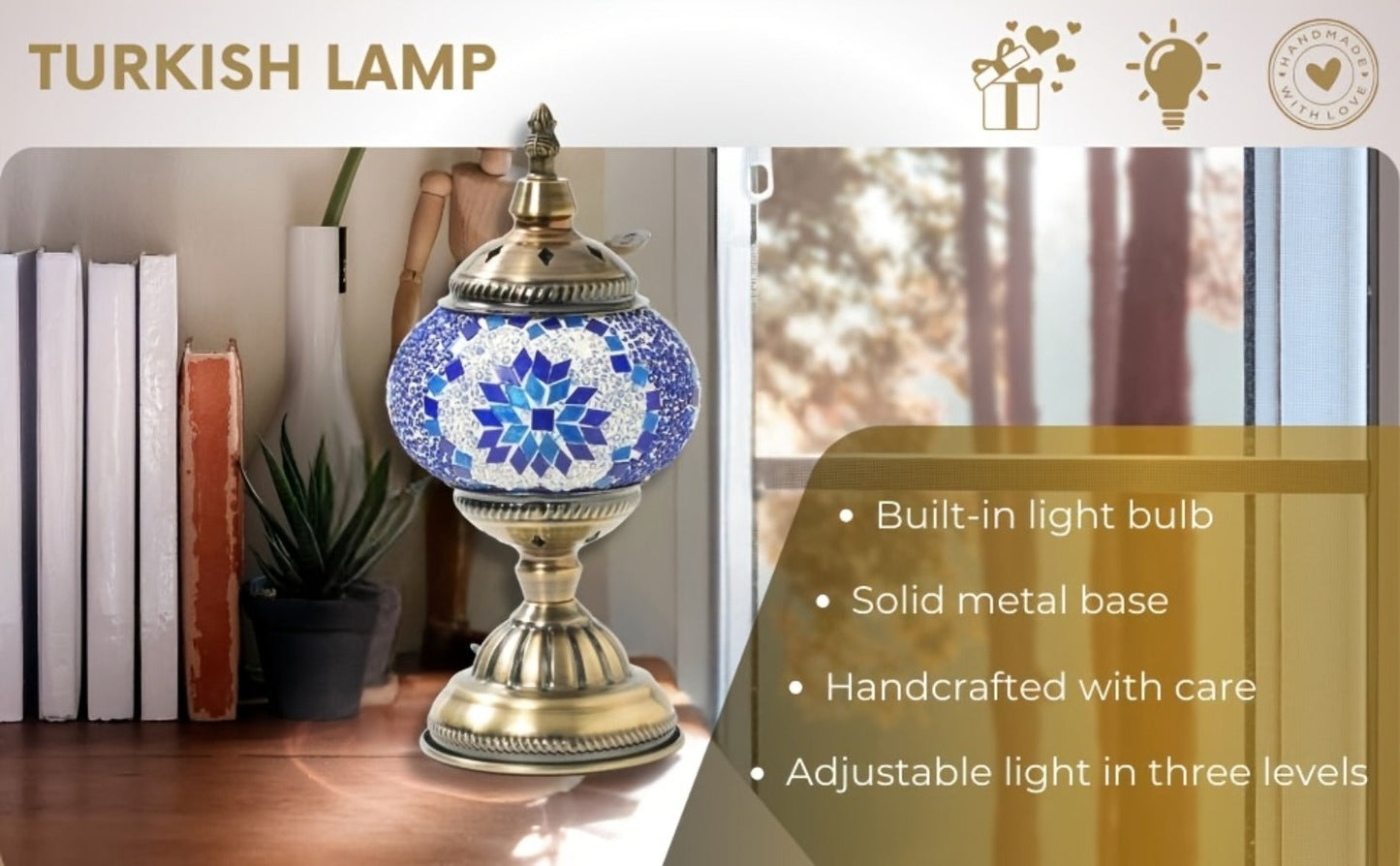 Table Lamp with Mosaic Glass Globe, Metal Base, Seven Color or Pack Options and Three White-Light Modes
