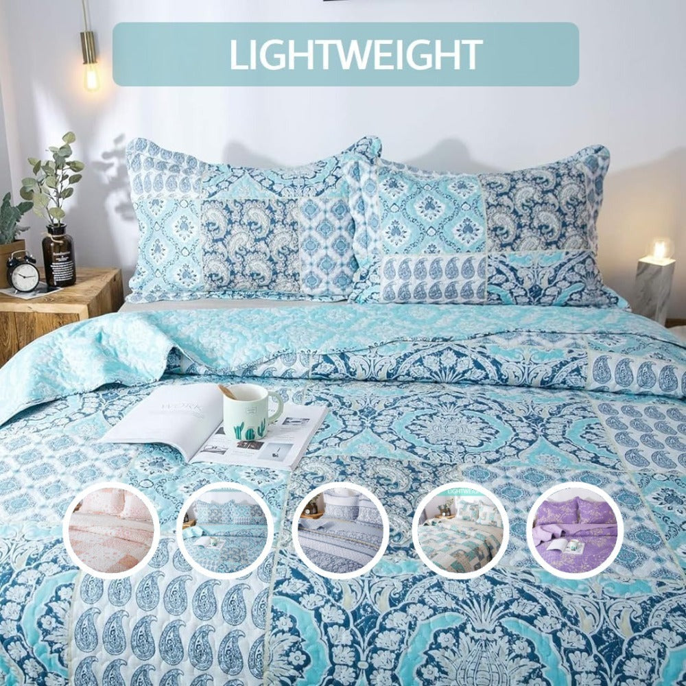 Lightweight Floral Quilt Set in Twin, Queen or King Sizes with 17 Paisley and Patchwork Color Options
