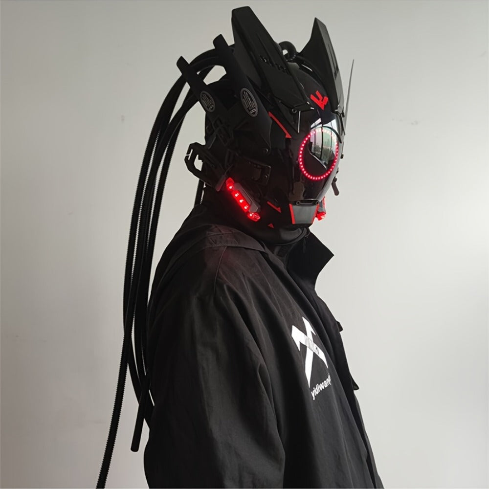 LED Braided Cyberpunk Costume Helmet with Circular Face Light and Blue, Green or Pink Accent Styles
