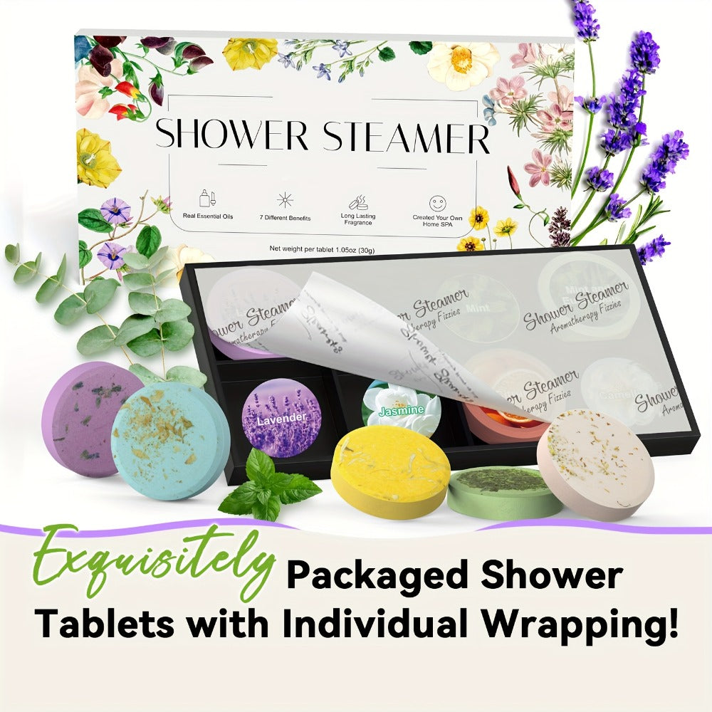 Shower Steamers Gift Set 6 Pcs Individually Wrapped - Natural Essential Oil Aromatherapy Shower Tablets Eucalyptus Lavender Mint Citrus Jasmine, Long-Lasting Spa Shower Bombs for Women & Men