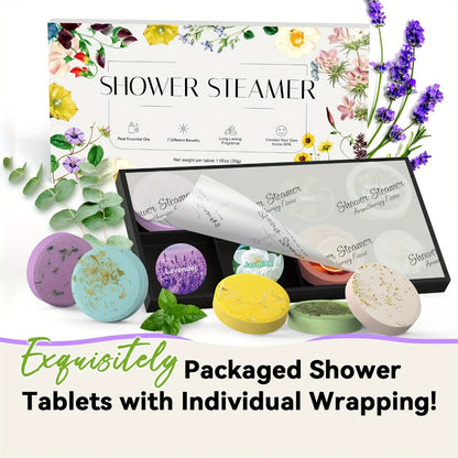 Shower Steamers Gift Set 6 Pcs Individually Wrapped - Natural Essential Oil Aromatherapy Shower Tablets Eucalyptus Lavender Mint Citrus Jasmine, Long-Lasting Spa Shower Bombs for Women & Men