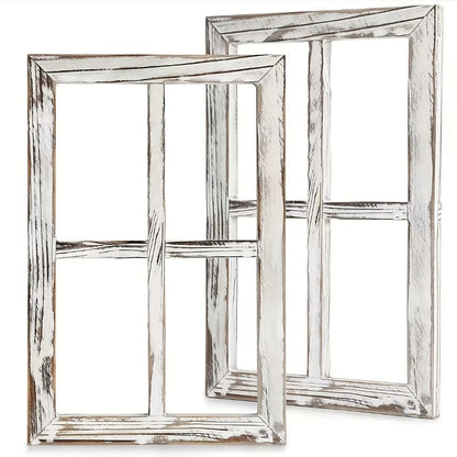 Distressed Wood Window Frame Wall Decor, Two-Piece Set in Rectangular or Arched Styles without Glass