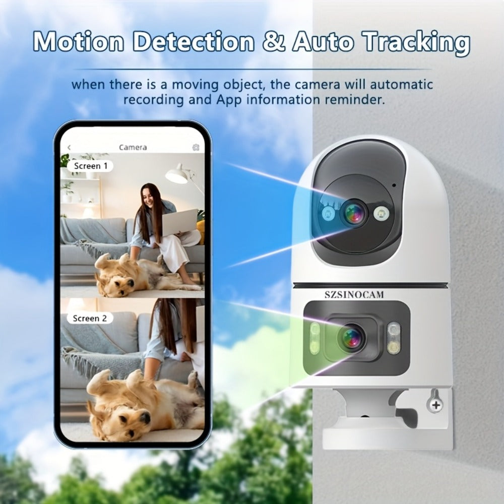 Dual Lens PTZ Outdoor Security Camera IP66 Weatherproof with Auto Tracking, Dual Screen, Night Vision, 2-Way Audio, Motion Detection & 2.4G WiFi – Wireless IP Cam for Home & Street Surveillance