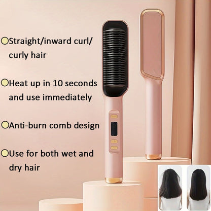 2-in-1 Wet and Dry Hair Straightener Curler Portable Flat Iron Fast Heat Adjustable Temperature Frizz-Free Styling Tool for Home Travel Women Gift Champagne