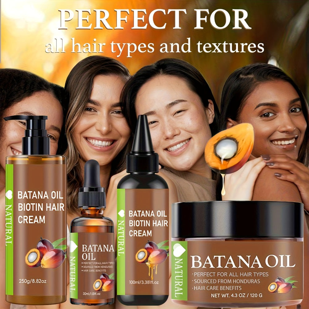 Four-Piece Batana Hair Care Set with Coordinated Oil and Cream Containers in Assorted Sizes