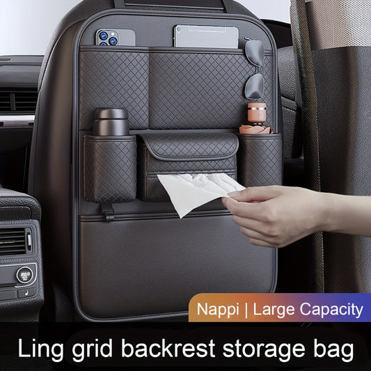 Car Seat Back Organizer – Large Capacity PU Leather Backseat Storage Bag | Multi-Compartment for Tablets, Laptops, Water Bottles | Universal Fit Cars Trucks SUVs