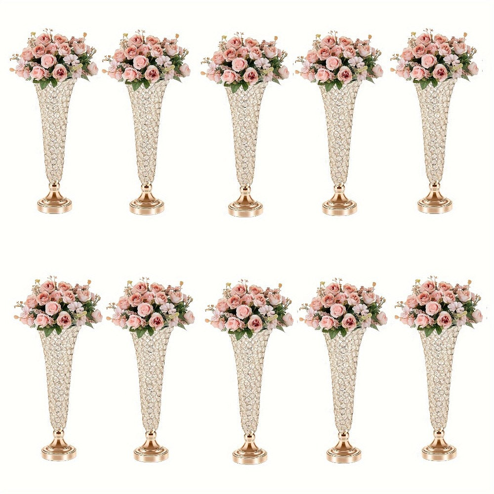 Crystal-Style Trumpet Decorative Vase Set in Gold or Silver and Two- or Ten-Piece Options for Home and Everyday Use