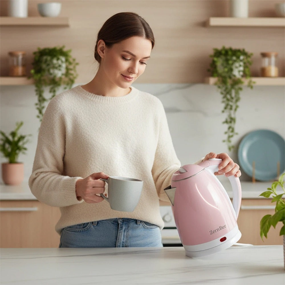 Electric Kettle by ZernBer, 60oz 1000W Stainless Steel Interior with LED Indicator and Heating Base in Blue