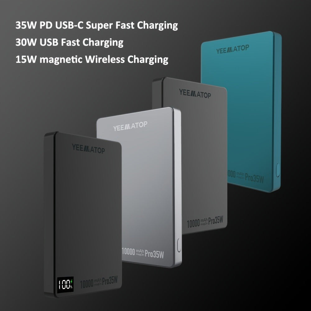 10000mAh Thin Magnetic Power Bank with 35W USB-C and 30W USB-A Port Markings in Four Colors