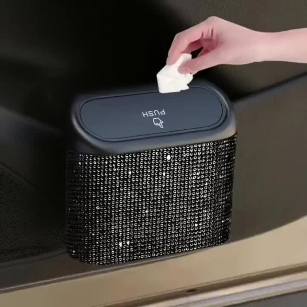 Car Trash Can with Lid & Rhinestone Bling – Hanging Leakproof Auto Garbage Bin with 2 Trash Bags, Concealed Interior Storage for Vehicle Door, Seat Back, Home & Office (3pcs Set)
