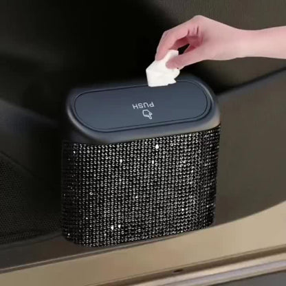 Car Trash Can with Lid & Rhinestone Bling – Hanging Leakproof Auto Garbage Bin with 2 Trash Bags, Concealed Interior Storage for Vehicle Door, Seat Back, Home & Office (3pcs Set)