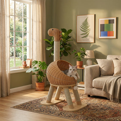 Brown 46-Inch Dinosaur Cat Tree with Woven Pod Bed, Four Sisal-Wrapped Posts and Removable Cushion