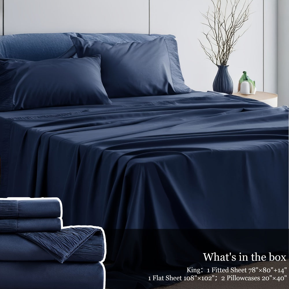 Sheet Set, Four-Piece Solid-Color Bedding with Deep-Pocket Fitted Sheet, Flat Sheet and Two Pillowcases