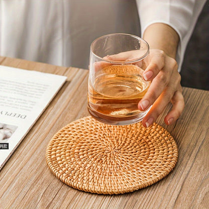 Six-Piece Round Rattan Woven Coaster Set, 3.93-Inch Drink Mats in Natural Khaki for Tabletop Display