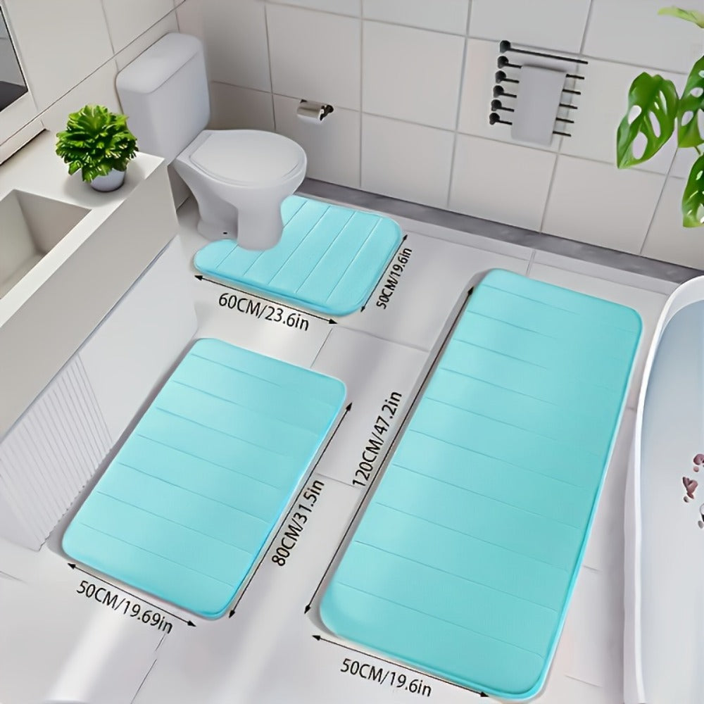 Channel-Stitched Three-Piece Padded Bath Mat Set with Long Runner and Two Matching Rugs in Nine Solid Colors