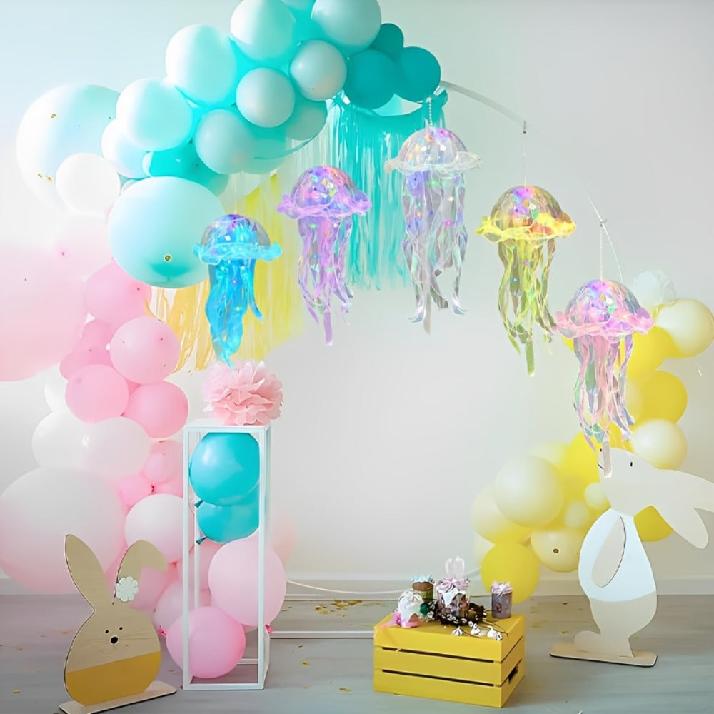 Five-Piece Illuminated Jellyfish Hanging Decoration Set with Translucent Crystal-Style Ribbons