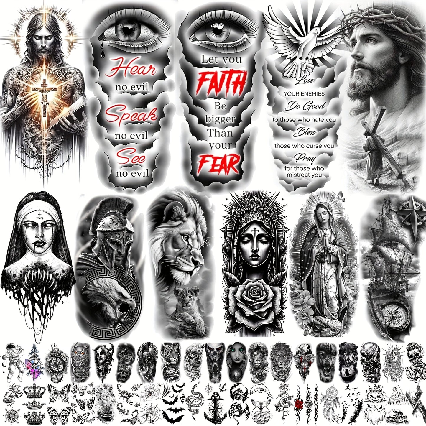 Christian Temporary Tattoos 68 Sheets Bulk Set | God Jesus Faith Prayer Peace Tribal Lion Eye Quote Designs | Waterproof Fake Tattoo Stickers for Men Women Adults | Half Arm Sleeve Body Art Pack