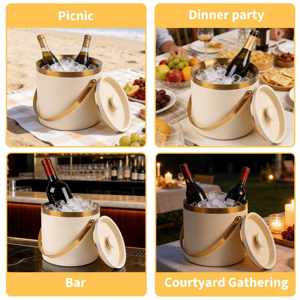 Stainless Steel Ice Bucket with Lid 44oz, 3-Layer Vacuum Insulated Large Ice Bucket with Ice Spoon & Drain, Mirror Finish, for Party Bar Picnic, White