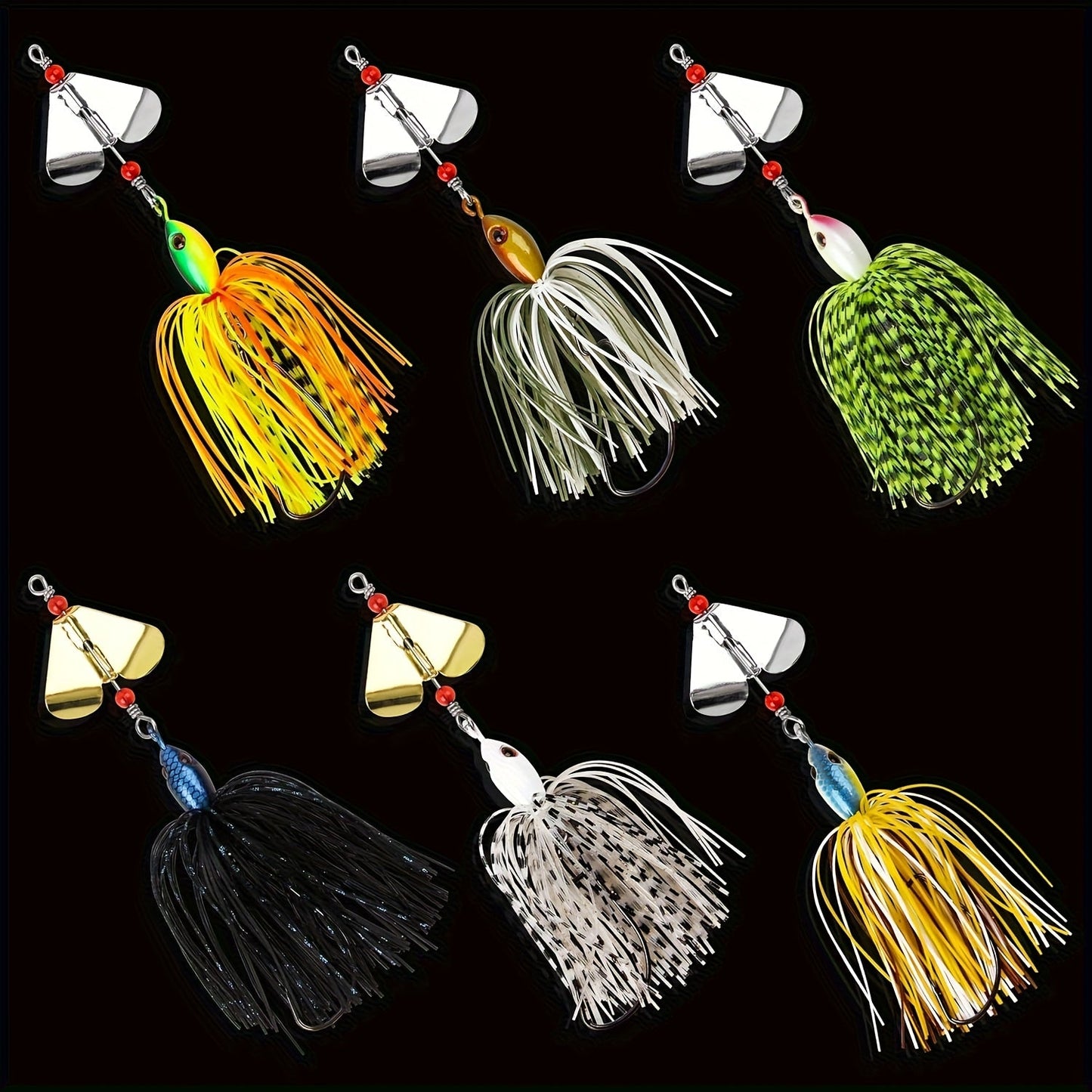 Fishing Lure Set 6-Piece Spinnerbait Buzzbaits, 3/4oz with Rotating Blades, Silicone Skirts and Single Worm Hooks