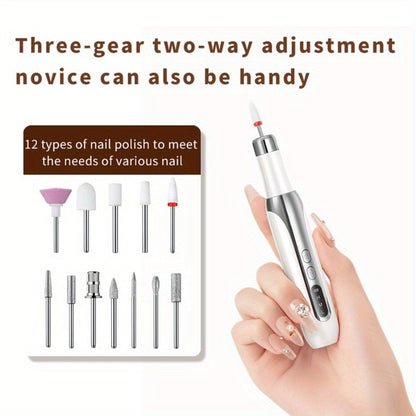 Electric Nail Drill Cordless USB Rechargeable Pen with Bit and Sanding Band Set in Gold or White