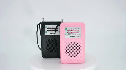 Pocket AM/FM Radio with Manual Tuner, Telescopic Antenna, Wrist Strap and Pink or Black Case