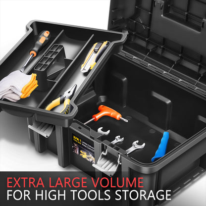 Tool Box Set 2-Piece Lockable - Large Capacity Portable Toolbox Organizer with Removable Tray, Double Lock Buckle, Hard Plastic, 17" x 13" x 18.5" - For Workshop, Garage, Car Trunk & Household Storage