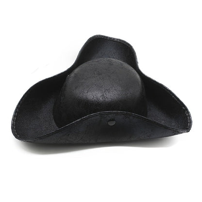 Distressed Faux Leather Pirate Tricorn Hat with Wide Three-Point Brim in Black or Brown for Adult Costumes