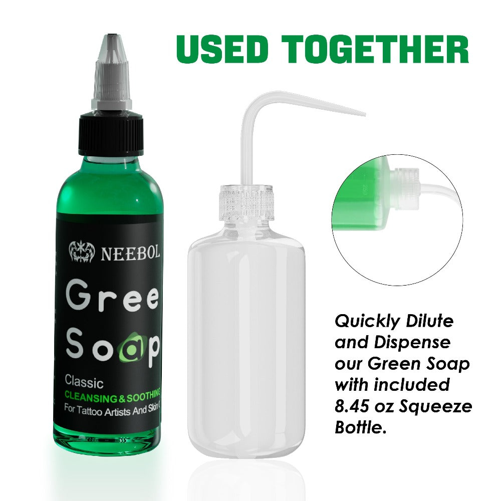 Tattoo Green Soap Cleaning Kit Neebol 8.5oz Concentrated Soap Squeeze Bottle Moisturizing Balm Cream Lint-Free Wipes Complete Skin Care Set Before After Tattooing Body Art