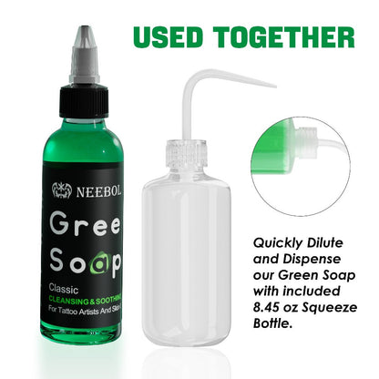 Tattoo Green Soap Cleaning Kit Neebol 8.5oz Concentrated Soap Squeeze Bottle Moisturizing Balm Cream Lint-Free Wipes Complete Skin Care Set Before After Tattooing Body Art