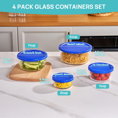 Four-Piece Glass Food Storage Bowl Set with Blue Lids in 1-, 2-, 4- and 7-Cup Sizes for Home and Everyday Use