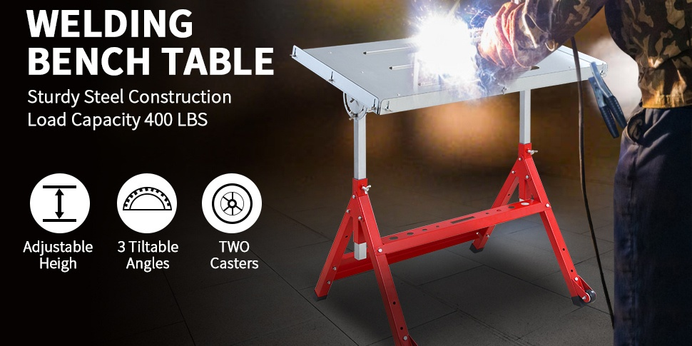 Steel Workbench with Wheels, Portable Welding Table Height-Adjustable 30"x20" Heavy Duty Steel Work Table for Garage Workshop Fabrication