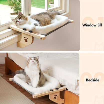Padded Cat Windowsill Perch with 55x38cm Wood Platform, Metal Hooks, Rubber Pads and Adjustable Fit
