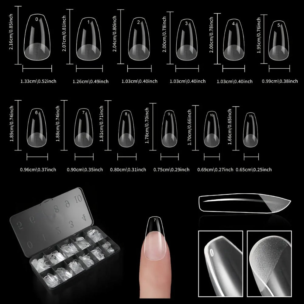 Clear Full-Cover Nail Tips, 600-Piece Set in Nine Almond, Oval, Stiletto, Coffin and Square Length Options
