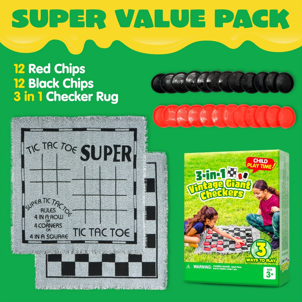 Three-in-One Giant Checkers and Tic-Tac-Toe Game with Reversible 25.5-Inch Mat and 24 Chips