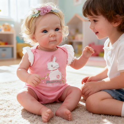Reborn Baby Doll 16-Inch Cloth Body with Rooted Blonde Hair, Open Eyes, Pink Romper and Pacifier Set