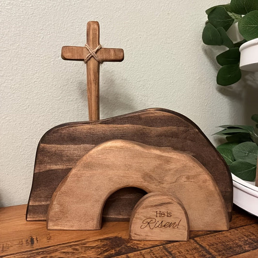 Easter Cross Decoration Wood He Is Risen Wooden Tomb Easter Resurrection Scene for Tray, Tabletop & Shelf – Religious Nativity Decor for Home & Office