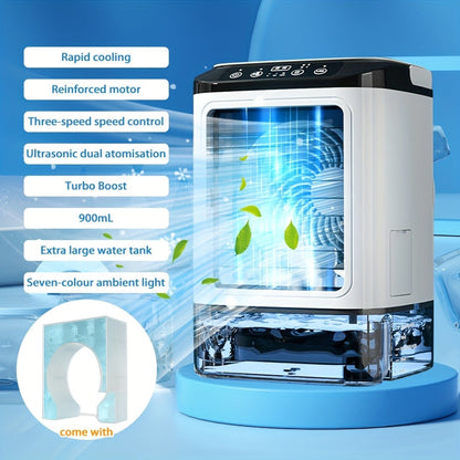 Portable Air Cooler Fan USB Humidifier with Rainbow Ambient Light, 3-Speed Atomization Misting Fan with Large Ice Box and Low Noise, Personal Desktop Cooling Fan Gift for Home, Office and Bedroom