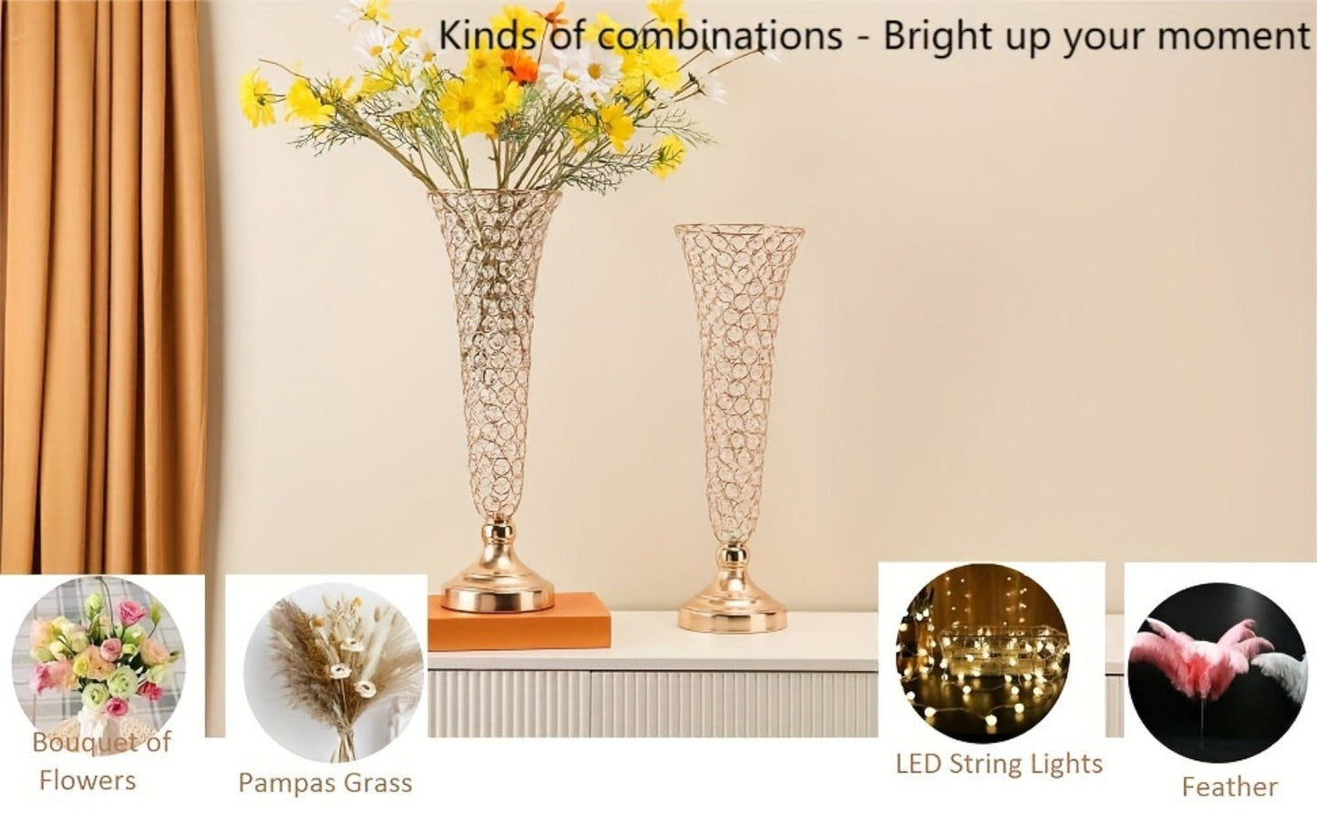 Crystal-Style Trumpet Decorative Vase Set in Gold or Silver and Two- or Ten-Piece Options for Home and Everyday Use
