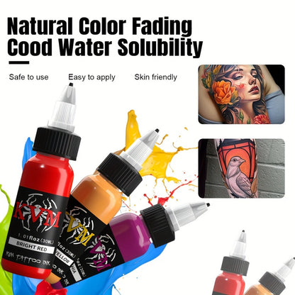 1oz Tattoo Ink Set 7 & 14 Colors Professional - 30ml Stable Vibrant Pigment Bottles, Fade-Resistant Permanent Ink for Rotary Coil & Pen Tattoo Machine, Complete Color Kit for Artists & Beginners