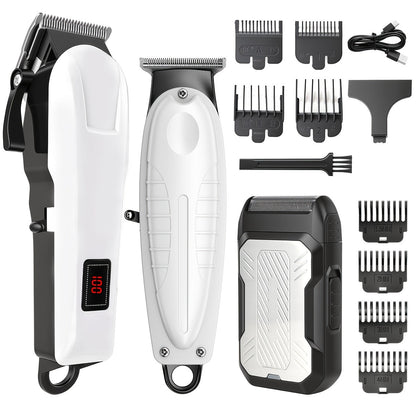 Hair Clippers & Trimmers White Grooming Set with LCD Screens, USB-C Charging and One, Two or Three Pieces