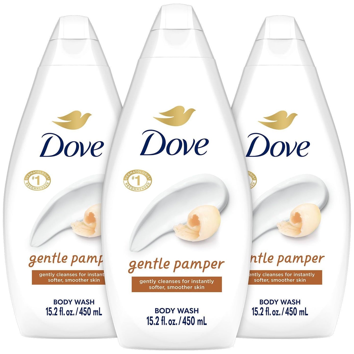 Three-Pack Dove Gentle Pamper Body Wash with 450ml Flip-Cap Bottles and Matching Front Labels