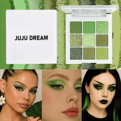 Eyeshadow Palette JUJU DREAM 9-Shade Green Compact with Avocado-Forest Color Theme and Matte-Shimmer Mix
