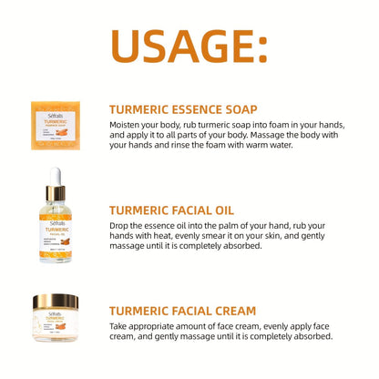 Three-Piece Turmeric-Labeled Skin Care Set with 100 g Soap, 50 g Cream and 1.01 oz Oil for Daily Routines