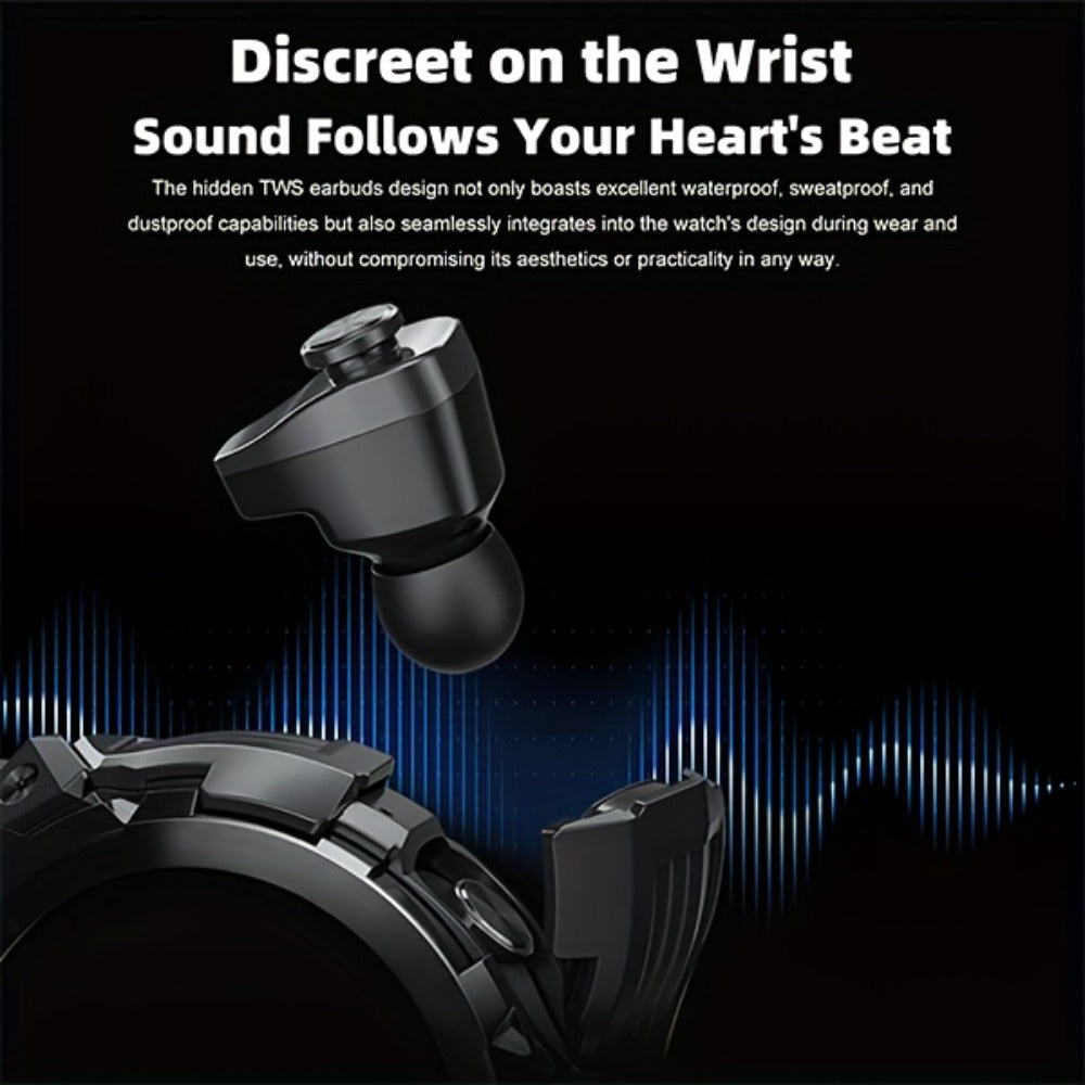 2-in-1 Smartwatch with Built-In Earphones 1.46 Inch IPS Touch Screen 100 Sport Modes Outdoor Fitness Tracker Heart Rate Blood Oxygen Sleep Monitor Weather Alarm Remote Control iPhone Android Compatible Extra Strap Included